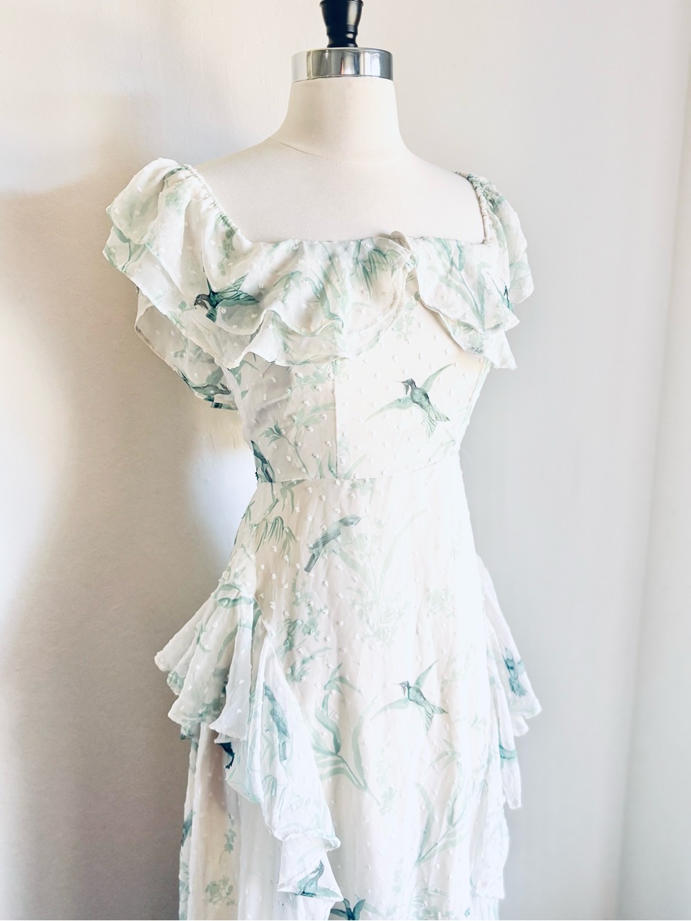 Dolce Vita White & Green Pindot Floral Hummingbird Maxi Dress
